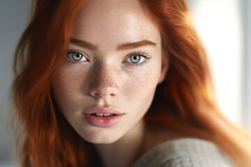 Portrait of a young woman with red hair and freckles looking at the camera with a soft gaze, natural light.