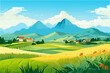 illustration vector of a landscape with mountains, sky and village houses