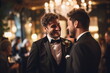 Men LGBT couple hugging at their wedding. LGBT marriage concept. AI generated
