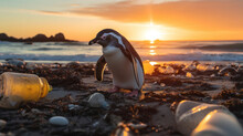 A Penguin On The Beach With Garbage, Plastic Waste,  Concept Environmental Pollution. Pollution Of The Ocean And Coast.