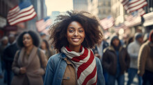 Happy, Smiling Afro Black Woman With American Flag In The City On The Independence Day Holidays Of The United States Of America.