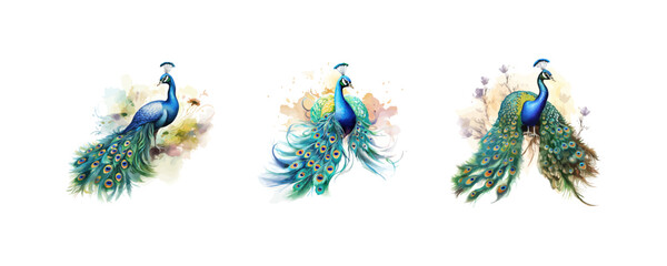 Elegant peacock with feathers spread out watercolor. Vector illustration design.