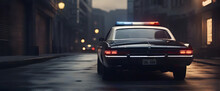 Police Classic Car Facing The Camera, Minimalist, Deadpan, Banal, Cool, Clinical, Urban, Iconic, Conceptual, Subversive, Sparse, Restrained, Symbol