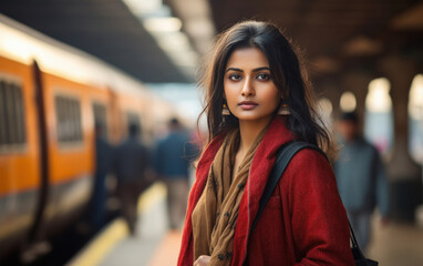 Wall Mural - young indian woman standing at railway station