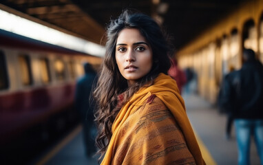 Wall Mural - young indian woman standing at railway station