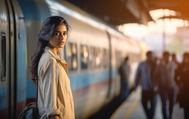 Wall Mural - young indian woman standing at railway station