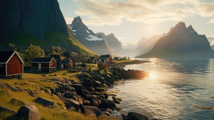 Poster - A picturesque scene of a small village with the sun setting over the water. Perfect for travel or landscape themes