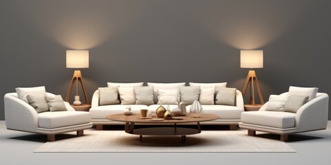 Wall Mural - A comfortable living room filled with various pieces of furniture and an array of lamps. Perfect for interior design inspiration or showcasing home decor products