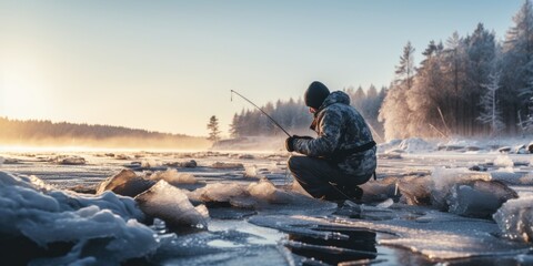 A man is pictured fishing on a frozen lake. This image can be used to depict winter activities and outdoor sports