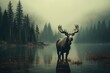 A moose standing in the middle of a lake. Suitable for nature and wildlife themes