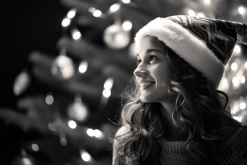 Canvas Print - A woman wearing a Santa hat smiles in front of a beautifully decorated Christmas tree. Perfect for holiday-themed designs and festive promotions