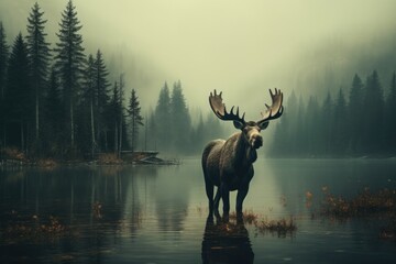Poster - A moose standing in the middle of a lake. Suitable for nature and wildlife themes