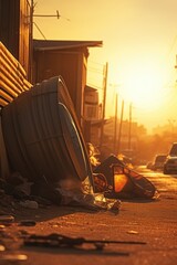 Poster - A pile of trash sitting on the side of a road. Can be used to depict pollution, environmental issues, or the need for proper waste management