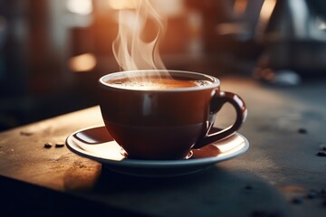 Poster - A cup of coffee with steam rising out of it. Suitable for coffee shop promotions or articles about the joys of coffee