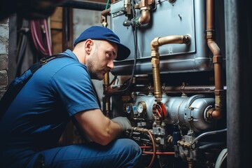 Poster - A man is seen working on a water heater. This image can be used to depict maintenance, repairs, or plumbing services