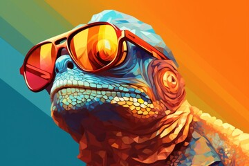 Poster - A lizard wearing sunglasses is pictured on a colorful background. This image can be used to add a playful touch to various design projects