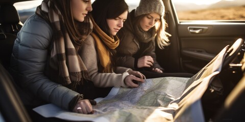 Poster - Three women sitting in a car, examining a map. Perfect for travel planning or road trip concepts