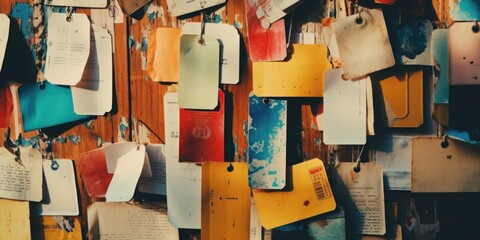 Poster - A wooden wall covered in colorful post it notes. Perfect for office or creative concept designs