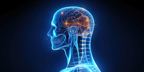 Poster - A man's head with a blue highlighted brain. This image can be used to represent intelligence, creativity, and the power of the mind