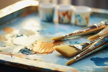 Poster - A close up of paint brushes arranged on a tray. Perfect for artists and art enthusiasts