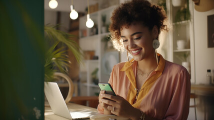 Poster - A woman is sitting at a table and using a cell phone. This image can be used to depict modern technology and communication