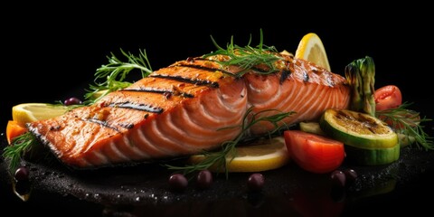 Wall Mural - A piece of salmon served on a plate with fresh vegetables. Perfect for healthy and delicious meals