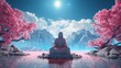 Meditative Serenity - Spiritual Figure with Cherry Blossoms in Mystic Landscape
