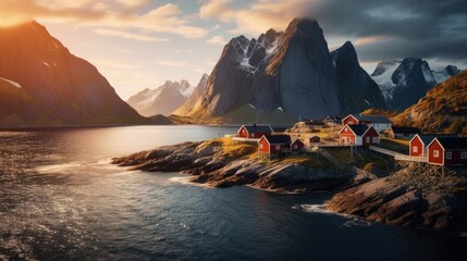 Poster - A picture of a small village situated on a small island in the middle of a body of water. This image can be used to depict a peaceful and idyllic setting