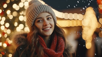 Canvas Print - A woman dressed in warm winter clothing, wearing a hat and scarf, standing in the snow. This image can be used to depict winter fashion or the beauty of winter landscapes