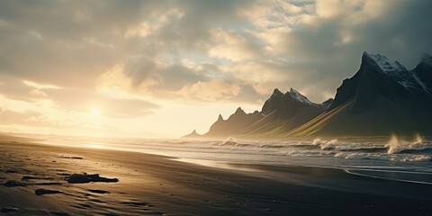 Poster - A picturesque beach scene with a majestic mountain in the distance. Ideal for travel brochures and websites