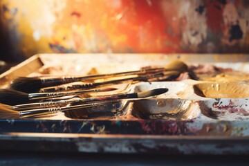 Poster - Tray of paint brushes ready for use. Ideal for art and crafts projects