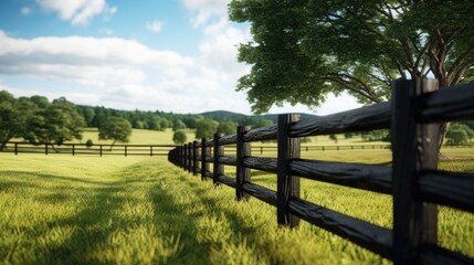 Poster - A picture of a wooden fence in a grassy field with trees in the background. Perfect for showcasing nature and rural landscapes