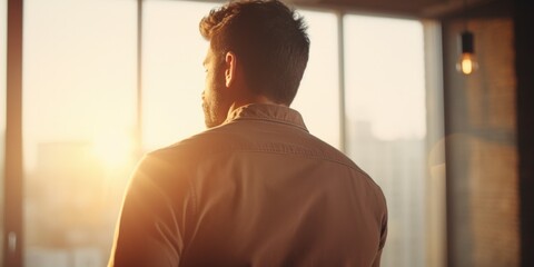 Wall Mural - A man is captured looking out a window at the sun. This image can be used to depict contemplation, hope, or enjoying the view from indoors