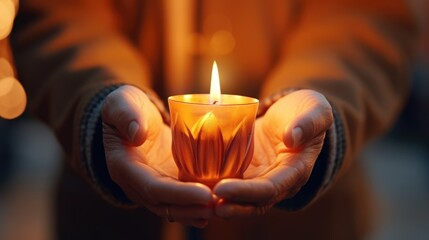 Aufkleber - A person holding a lit candle in their hands. This image can be used to symbolize hope, peace, or to create a warm and cozy atmosphere