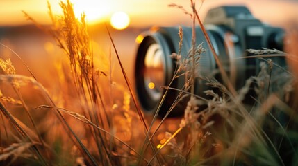 Poster - A camera sitting in the middle of a field. Suitable for various photography or technology-related concepts
