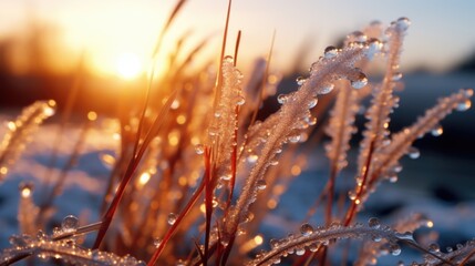 Poster - Water droplets glisten on the blades of grass in this close-up shot. Perfect for nature-themed projects and designs