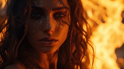 Fototapete - A woman with white paint on her face standing in front of a blazing fire. This image can be used for various themes and concepts