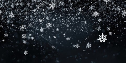 Poster - Snow flakes falling from the sky on a black background. Ideal for winter-themed designs and holiday projects