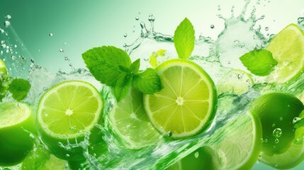 Poster - Fresh limes and mint leaves falling into a clear water surface. Perfect for refreshing beverage or spa concepts