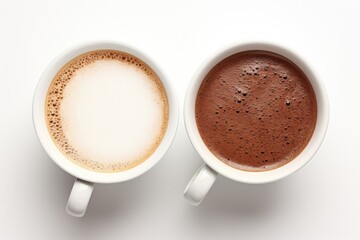 Wall Mural - Two cups of hot chocolate on a white surface. Perfect for cozy winter scenes and holiday-themed projects