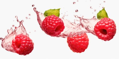 Poster - Raspberries being dropped into water, suitable for food and beverage concepts