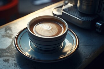 Poster - A cup of coffee sitting on top of a saucer. Perfect for illustrating coffee breaks or morning routines