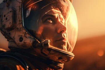 Aufkleber - A detailed close-up of a person wearing a space suit. Suitable for depicting astronauts, space exploration, science fiction, and futuristic themes