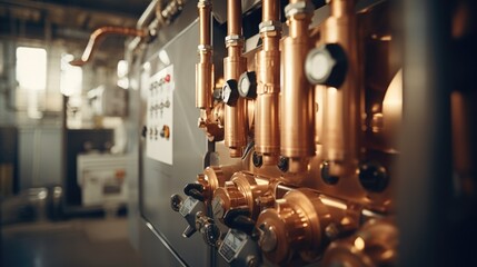 Poster - A collection of copper pipes and valves in a room. Versatile image suitable for industrial, plumbing, or construction-related projects