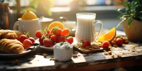 Wall Mural - A wooden table with plates of food and a glass of milk. Perfect for illustrating a healthy and balanced meal