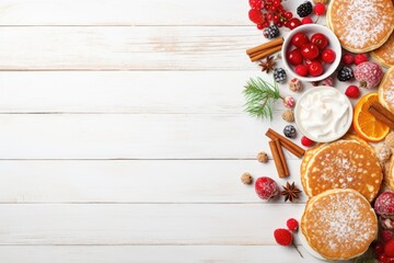 Poster - A delicious stack of pancakes topped with a dusting of powdered sugar and an assortment of fresh fruit. Perfect for a sweet and satisfying breakfast or brunch.