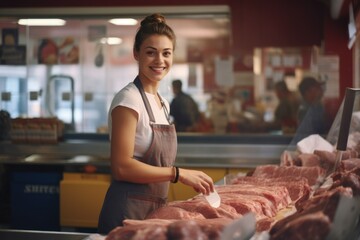 Poster - A woman standing in front of a display of meat. Suitable for food industry promotions or cooking-related content