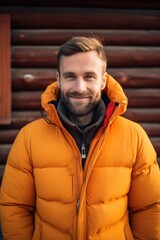 Poster - A man with a beard wearing an orange jacket. Suitable for various outdoor activities
