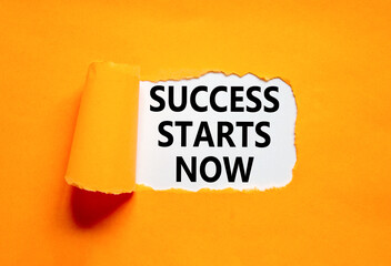 Wall Mural - Success starts now symbol. Concept word Success starts now on beautiful white paper. Beautiful orange table orange background. Business motivational success starts now concept. Copy space.