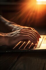 Poster - A person is seen typing on a laptop computer placed on a table. This image can be used to depict work, technology, or remote working